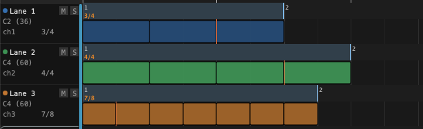 Parallel lanes in different time signatures, with the bar grid showing how they relate