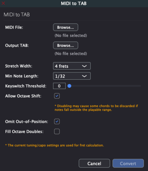 MIDI to TAB Dialog
