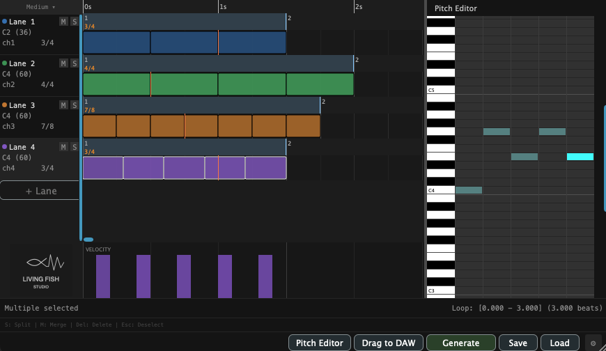 [placeholder] The Block Editor with transport, lanes, and velocity lane labelled